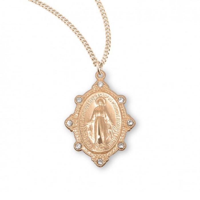 MIRACULOUS MEDAL - 1" GOLD OVER STERLING 8 AUSTRIAN CRYSTALS - 18" CHAIN