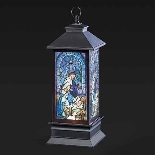 Lantern Stain Glass Nativity Scene 10.5" Lighted Snow Globe
