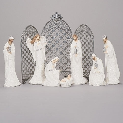 Nativity Set 12" White with Pearl Leaf Pattern 7 Pieces