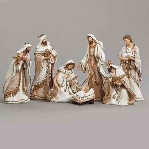 Nativity 7 Piece Set 8.5" High Woven Gold Trim Fabric Look