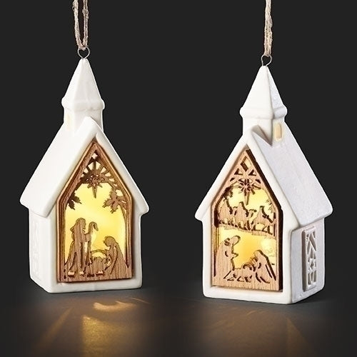 Ornament Lighted Church with Nativity Scene Assorted