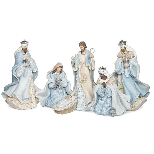 Nativity 6 Piece Set 10" High Light Blue Leaf Pattern