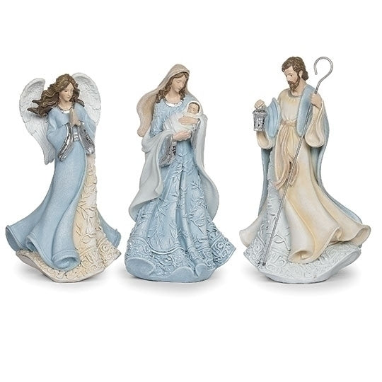 Nativity 3 Piece Set 7" High Light Blue Leaf Pattern