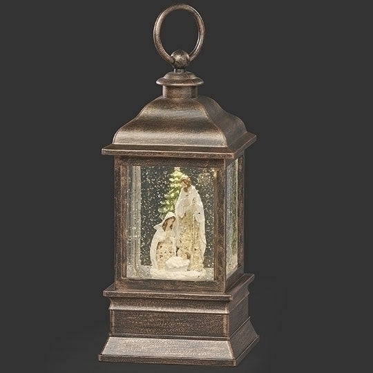 Lantern Nativity Poinsettia Pattern 9" High Lighted Snow Globe