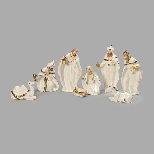 Nativity 8 Piece Set 7.5" High White Porcelain with Gold Accents
