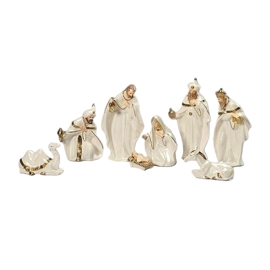 Nativity 8 Piece Set 7.5" High White Porcelain with Gold Accents