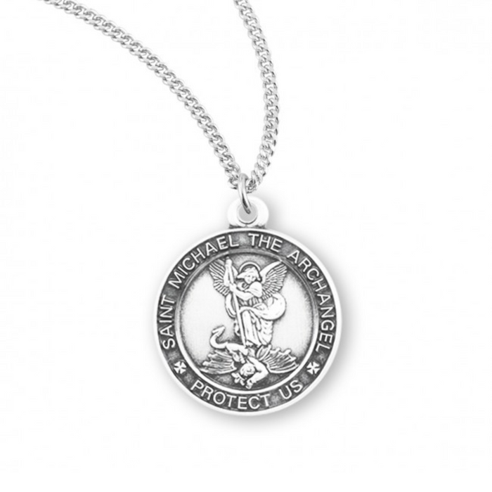 ST MICHAEL - STERLING SILVER - 13/16" ROUND -18" CHAIN