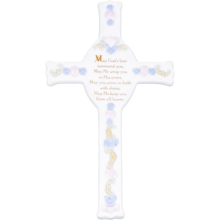 WALL CROSS - MAY GOD'S LOVE - 8" BLUE AND WHITE PORCELAIN