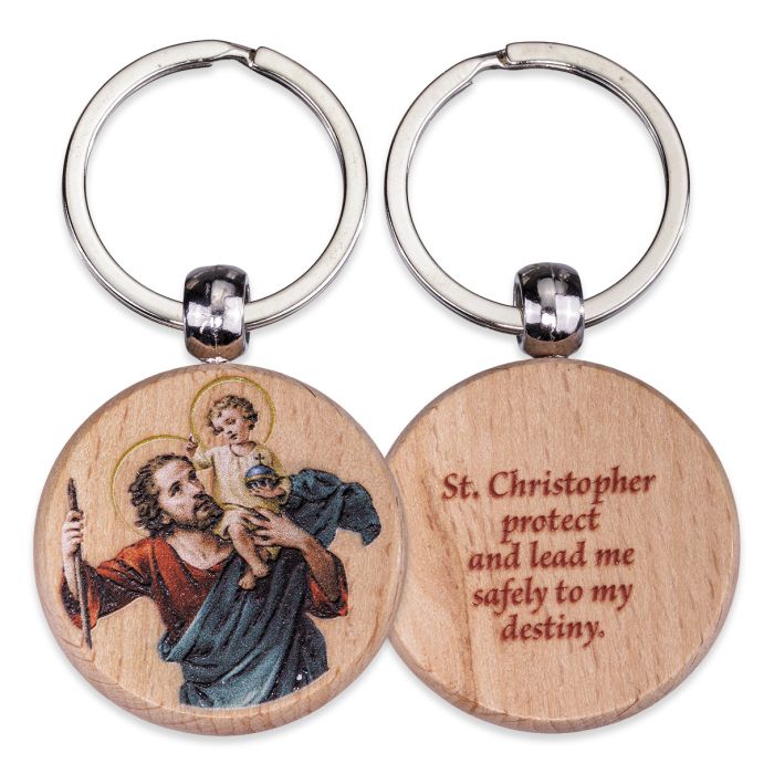Keychain  Round Wooden St Christopher