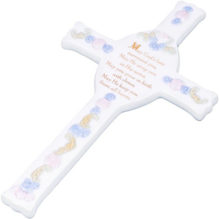 WALL CROSS - MAY GOD'S LOVE - 8" BLUE AND WHITE PORCELAIN