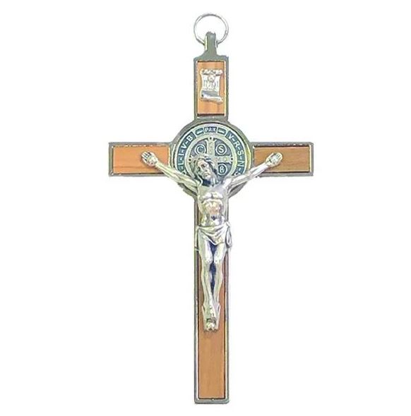 St Benedict Crucifix Light Wood with Enamel Medal