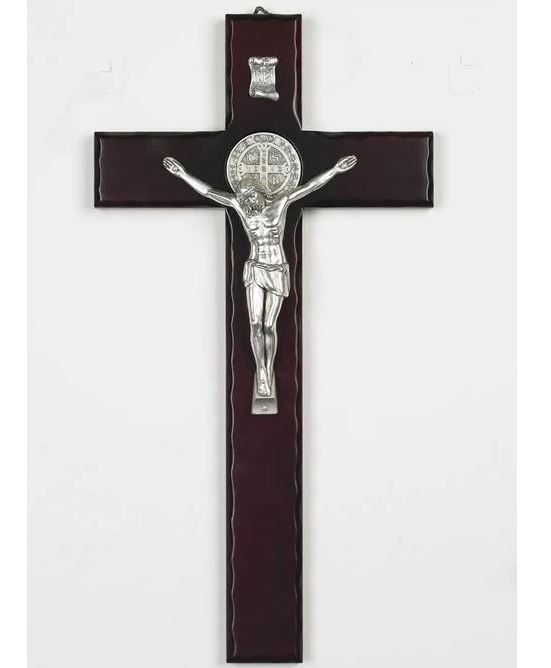 St Benedict Crucifix Cherry Wood with Silver Tone