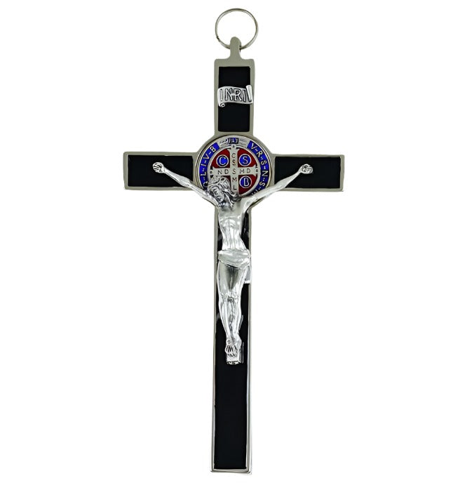 St Benedict Crucifix 8" Black Enamel with Red and Blue Enamel Medal