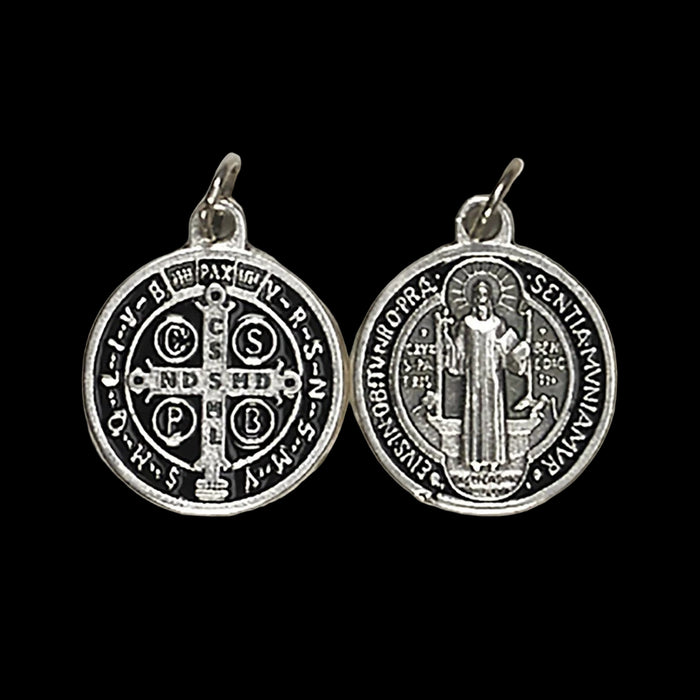 ST BENEDICT MEDAL SILVER TONE WITH BLACK ENAMEL