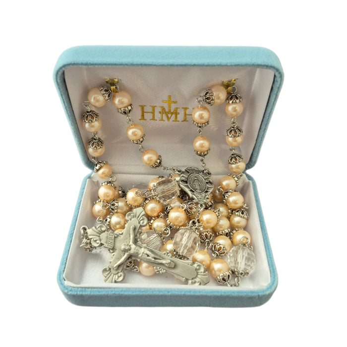 Rosary 8mm Pink Pearl Beads with Crystal Our Fathers