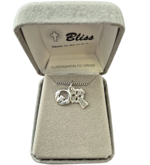 Celtic Cross and Claddagh Sterling Silver Medals on 18" Chain
