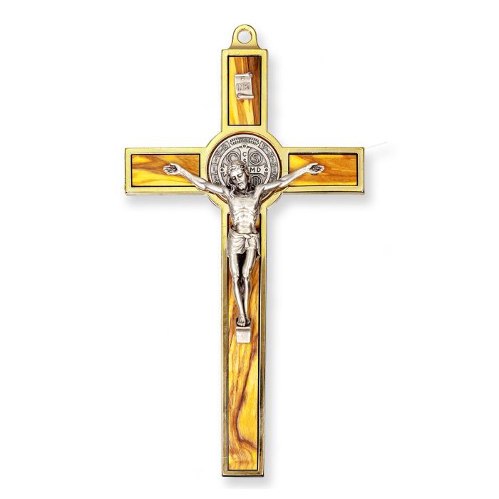 St Benedict Crucifix 7" Gold and Silver Finish with Wood Inlay