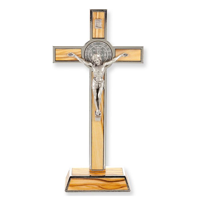 St Benedict Standing Crucifix 7.75" Wood with Silver Trim