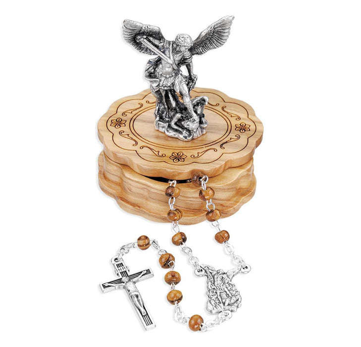 St. Michael Silver Statue on Olivewood Box with Rosary