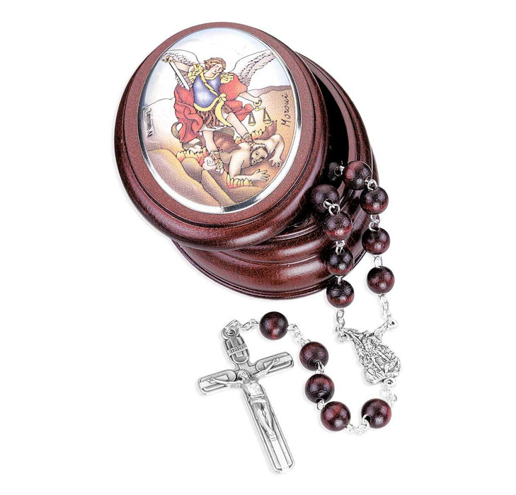 St. Michael Oval Wooden Box with Wooden Rosary