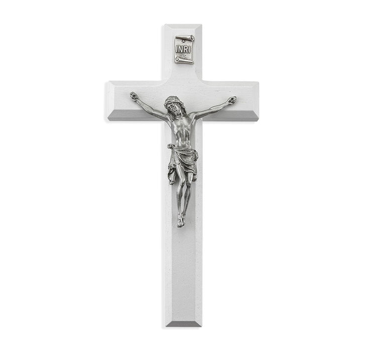 Crucifix 7" White Wood with Genuine Fine Pewter Corpus