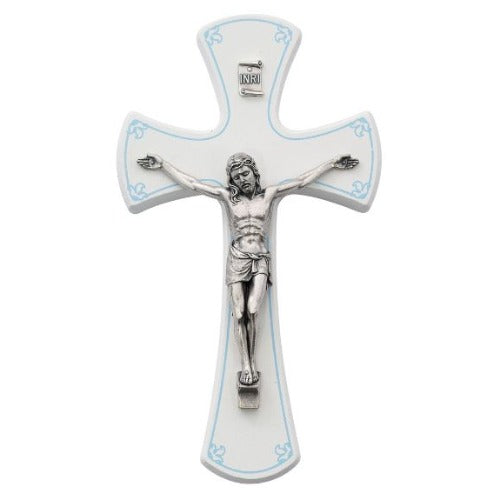 Wall Crucifix 7" White Wood with Blue Detail