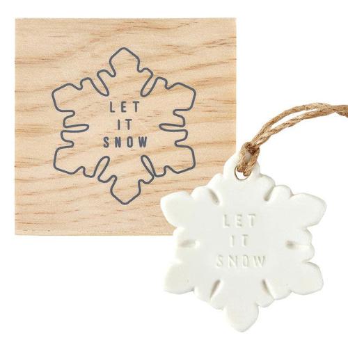 Ceramic Snowflake Ornament In Wood Box "Let It Snow"