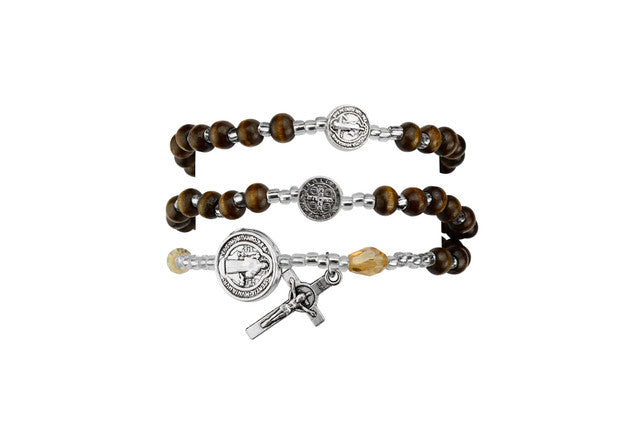 BRACELET - ST BENEDICT - BROWN WOOD BEADS TWIST