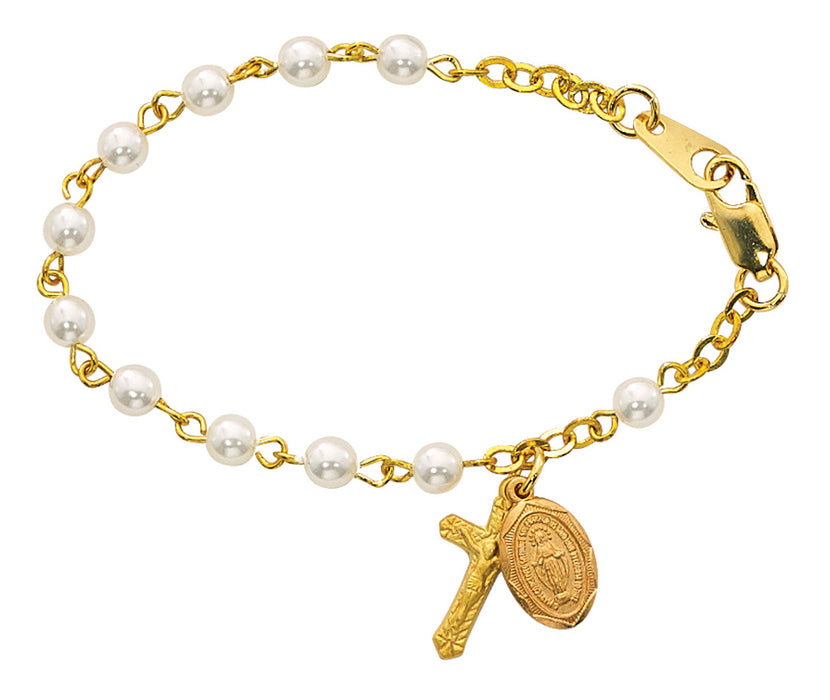 CHILD BRACELET GOLD OVER PEWTER AND PEARL BEADS