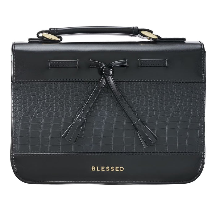 Bible Cover (M) "Blessed" Black Croc Faux Leather