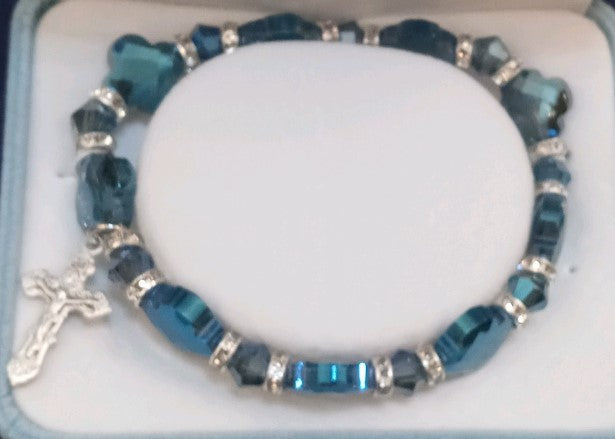 Bracelet 10mm Midnight Blue Cross Shaped Beads with Sterling Crucifix