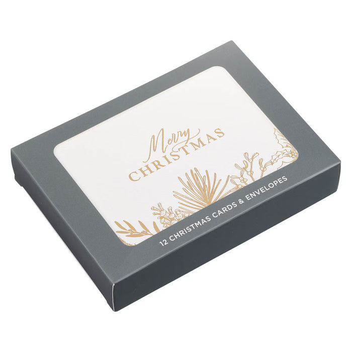 Boxed Christmas Card Set "Merry Christmas" Golden Pine Branch