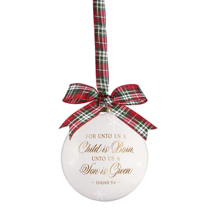 Christmas Ornament "A Child is Born" White Ceramic