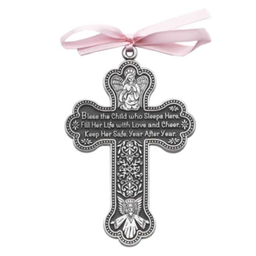 Crib medal "Bless This Child" 3" Pewter with Pink Ribbon