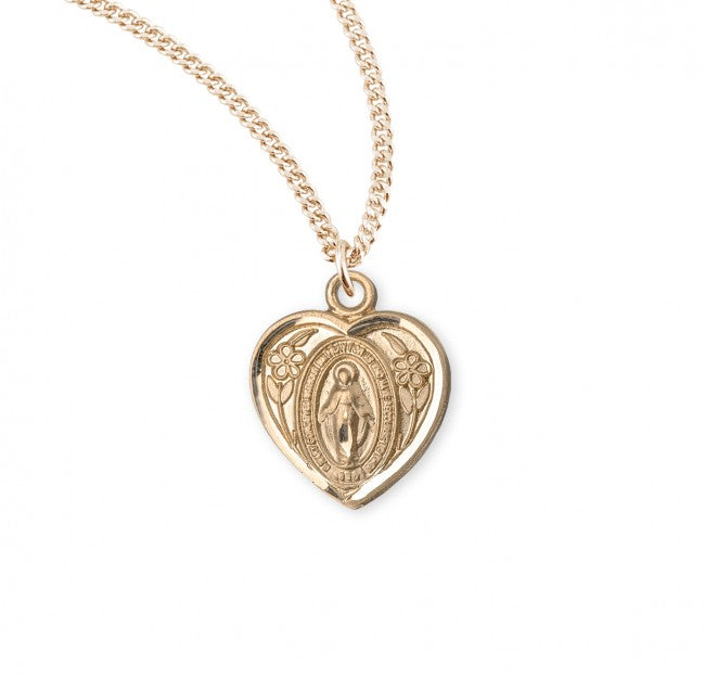 CHILD'S MIRACULOUS MEDAL 0.6" HEART SHAPED GOLD OVER STERLING ON 13" CHAIN