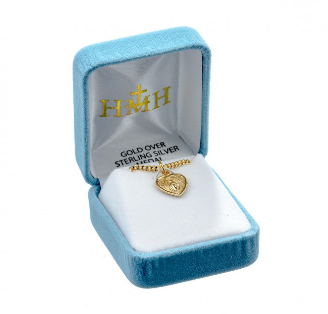 CHILD'S MIRACULOUS MEDAL 0.6" HEART SHAPED GOLD OVER STERLING ON 13" CHAIN