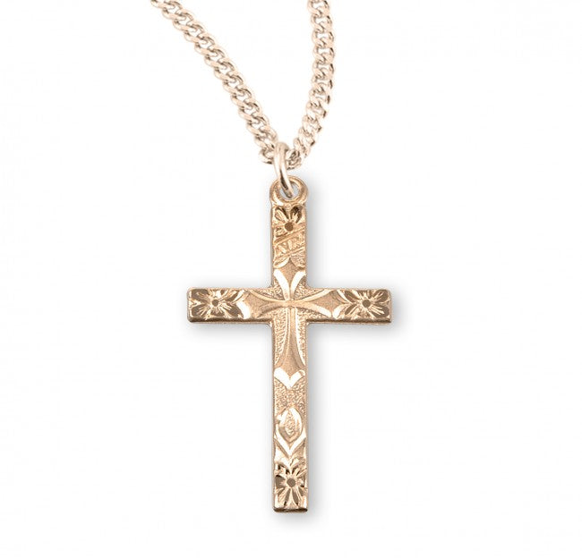 Cross Gold Over Sterling Silver Flower Tipped 18" chain