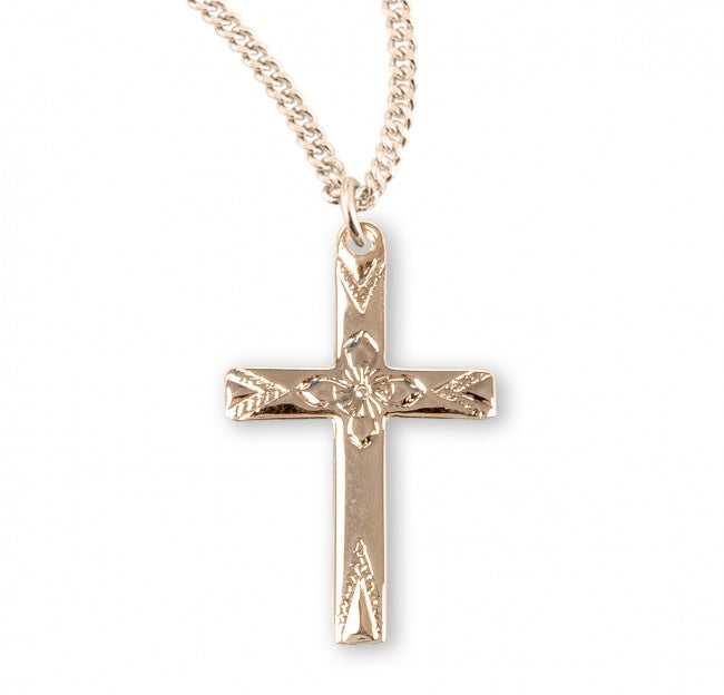 CROSS 0.9" FLOWER CENTER 16KT GOLD OVER STERLING SILVER ON 18" CHAIN