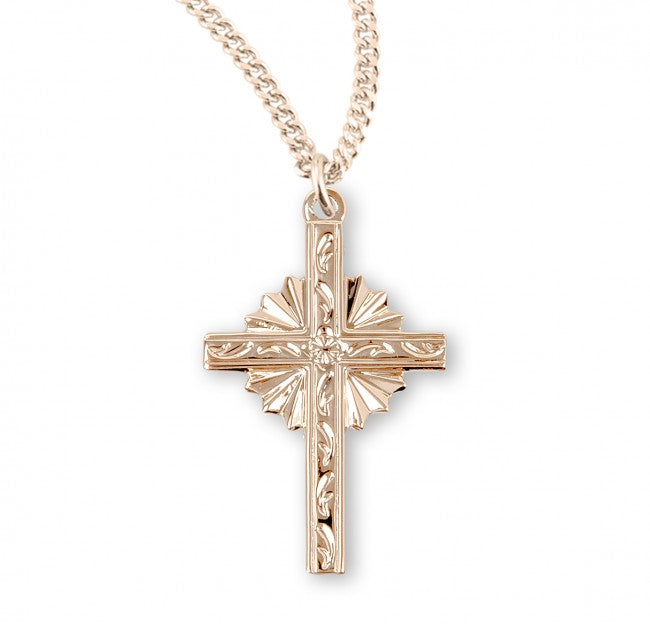 Cross Gold Over Sterling Silver Engraved Vine Design 18" chain