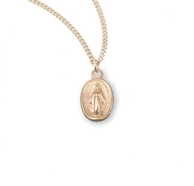 CHILD'S MIRACULOUS MEDAL 0.5" OVAL GOLD OVER STERLING ON 13" CHAIN