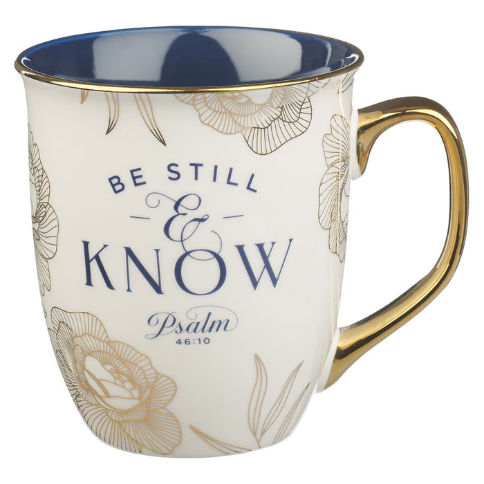 Coffee Mug Be Still and Know Blue and Gold Floral
