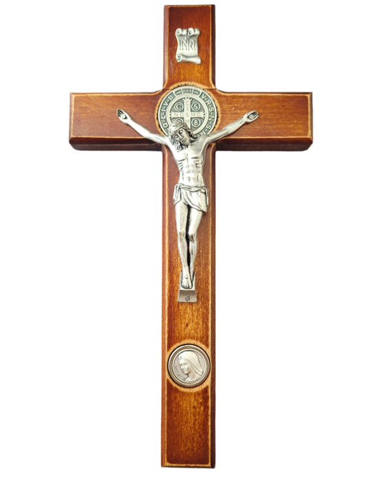 St Benedict Wall Crucifix From Medjugorje Light Brown Wood