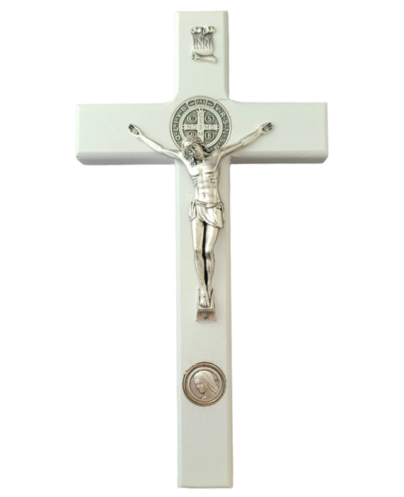 St Benedict Wall Crucifix From Medjugorje White Wood