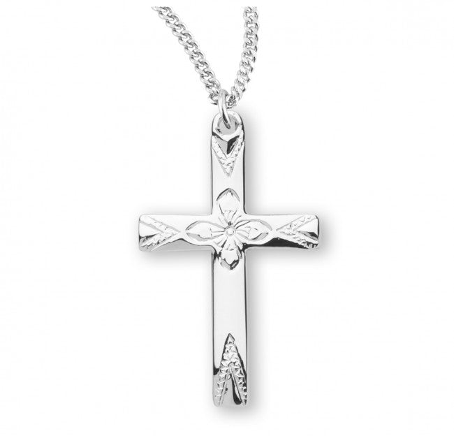 CROSS 0.9" FLOWER CENTER STERLING SILVER ON 18" CHAIN