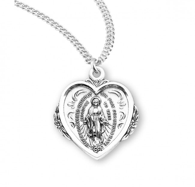 MIRACULOUS MEDAL 1" FANCY HEART SHAPED STERLING SILVER ON 20" CHAIN