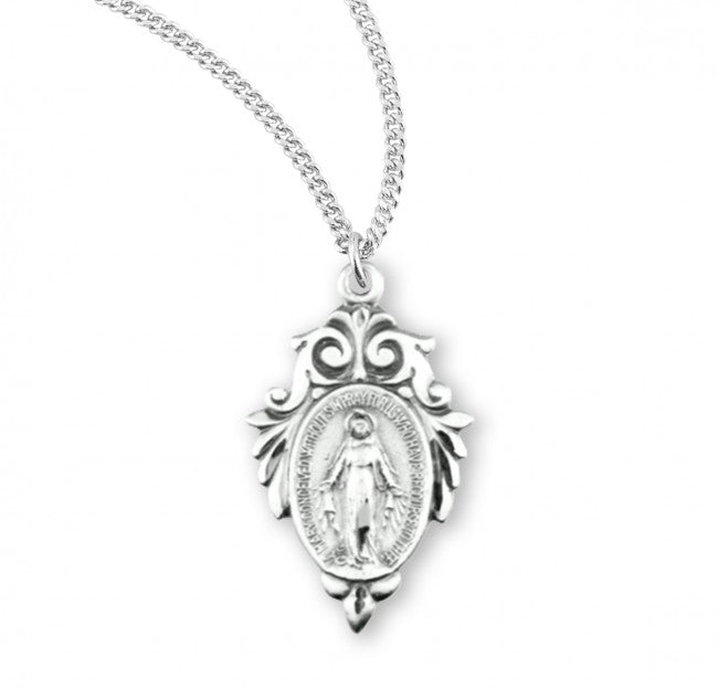 MIRACULOUS MEDAL - SS - 7/8" FANCY LEAF SWIRLED BORDER - 18" CHAIN