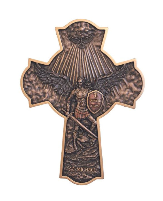 St Michael 16" Cross Plaque in lightly hand-painted cold cast bronze