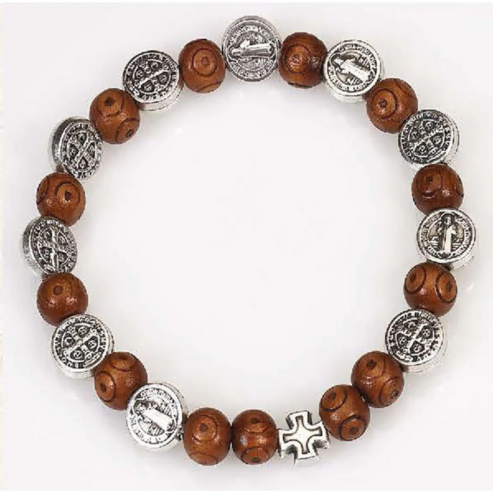 Bracelet St Benedict Medals and Wood Beads Stretch