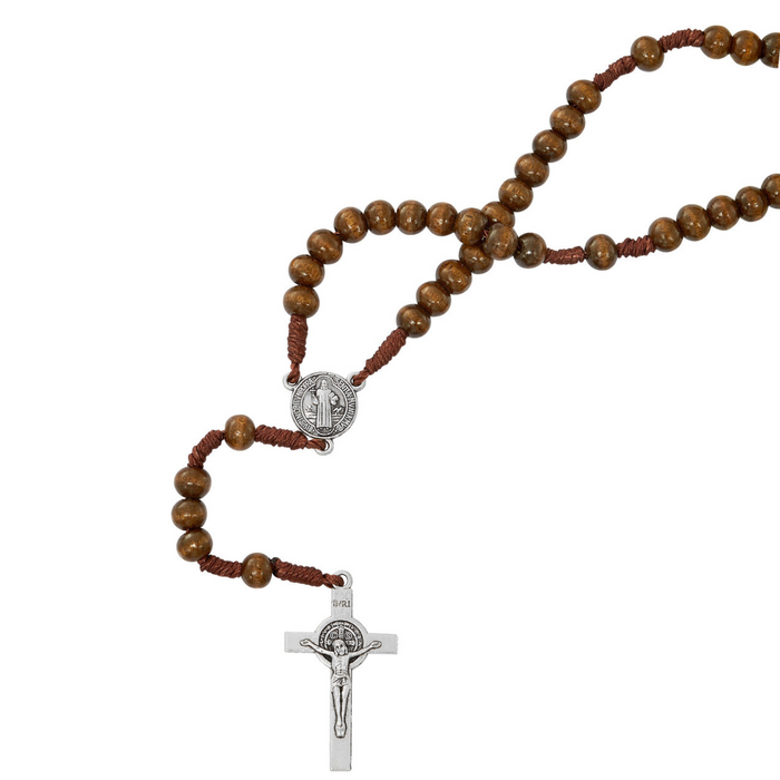 ROSARY NECKLACE BROWN WOOD BEADS ST. BENEDICT MEDAL AND CRUCIFIX