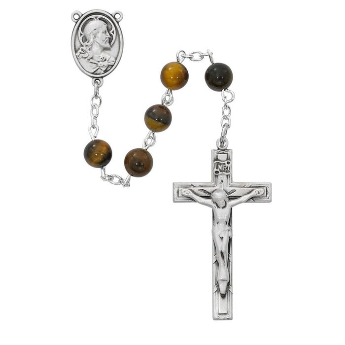 ROSARY - 6MM TIGER EYE BEADS - PEWTER SACRED HEART CENTER